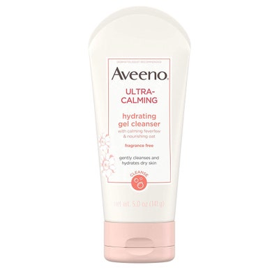 Best Cleansers for Sensitive Skin tube of Aveeno UltraCalming Hydrating Gel Cleanser on a white background 